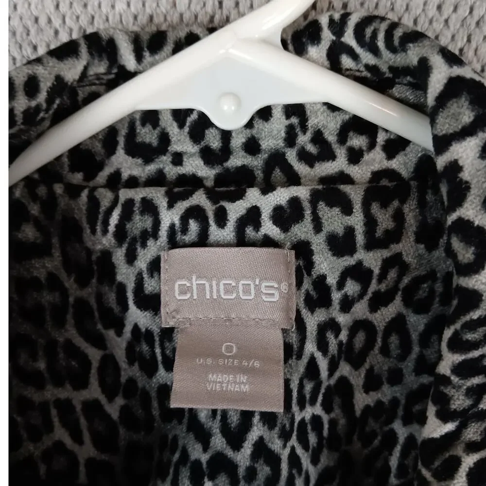 Chico's Brushed Flannel Jacket Womens 0 US 4/6 Gray Leopard Print Stretch Casual